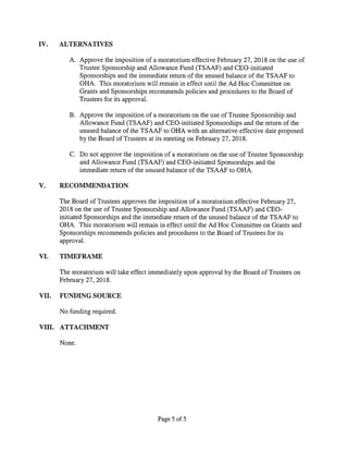 IV. ALTERNATIVES
A. Approve the imposition of a moratorium effective February 27, 2018 on the use of
Trustee Sponsorship and Allowance Fund (TSAAF) and CEO-initiated
Sponsorships and the immediate return of the unused balance of the TSAAF to
OHA. This moratorium will remain in effect until the Ad Hoc Committee on
Grants and Sponsorships recommends policies and procedures to the Board of
Trustees for its approval.
B. Approve the imposition of a moratorium on the use of Trustee Sponsorship and
Allowance Fund (TSAAF) and CEO-initiated Sponsorships and the return of the
unused balance of the TSAAF to OHA with an alternative effective date proposed
by the Board of Trustees at its meeting on February 27, 2018.
C. Do not approve the imposition of a moratorium on the use of Trustee Sponsorship
and Allowance Fund (TSAAF) and CEO-initiated Sponsorships and the
immediate return of the unused balance of the TSAAF to OHA.
V. RECOMMENDATION
The Board of Trustees approves the imposition of a moratorium effective February 27,
2018 on the use of Trustee Sponsorship and Allowance Fund (TSAAF) and CEO
initiated Sponsorships and the immediate return of the unused balance of the TSAAF to
OHA. This moratorium will remain in effect until the Ad Hoc Committee on Grants and
Sponsorships recommends policies and procedures to the Board of Trustees for its
approval.
VI. TIMEFRAME
The moratorium will take effect immediately upon approval by the Board of Trustees on
February 27, 2018.
VII. FUNDING SOURCE
No funding required.
VIII. ATTACHMENT
None.
Page 5 of 5
 