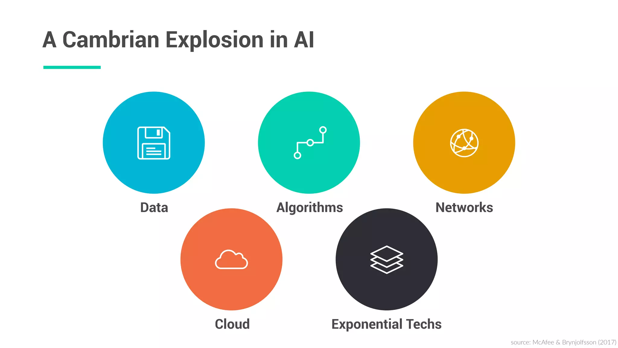 A Cambrian Explosion in AI
NetworksData Algorithms
Exponential TechsCloud
source:  McAfee  &  Brynjolfsson  (2017)
 