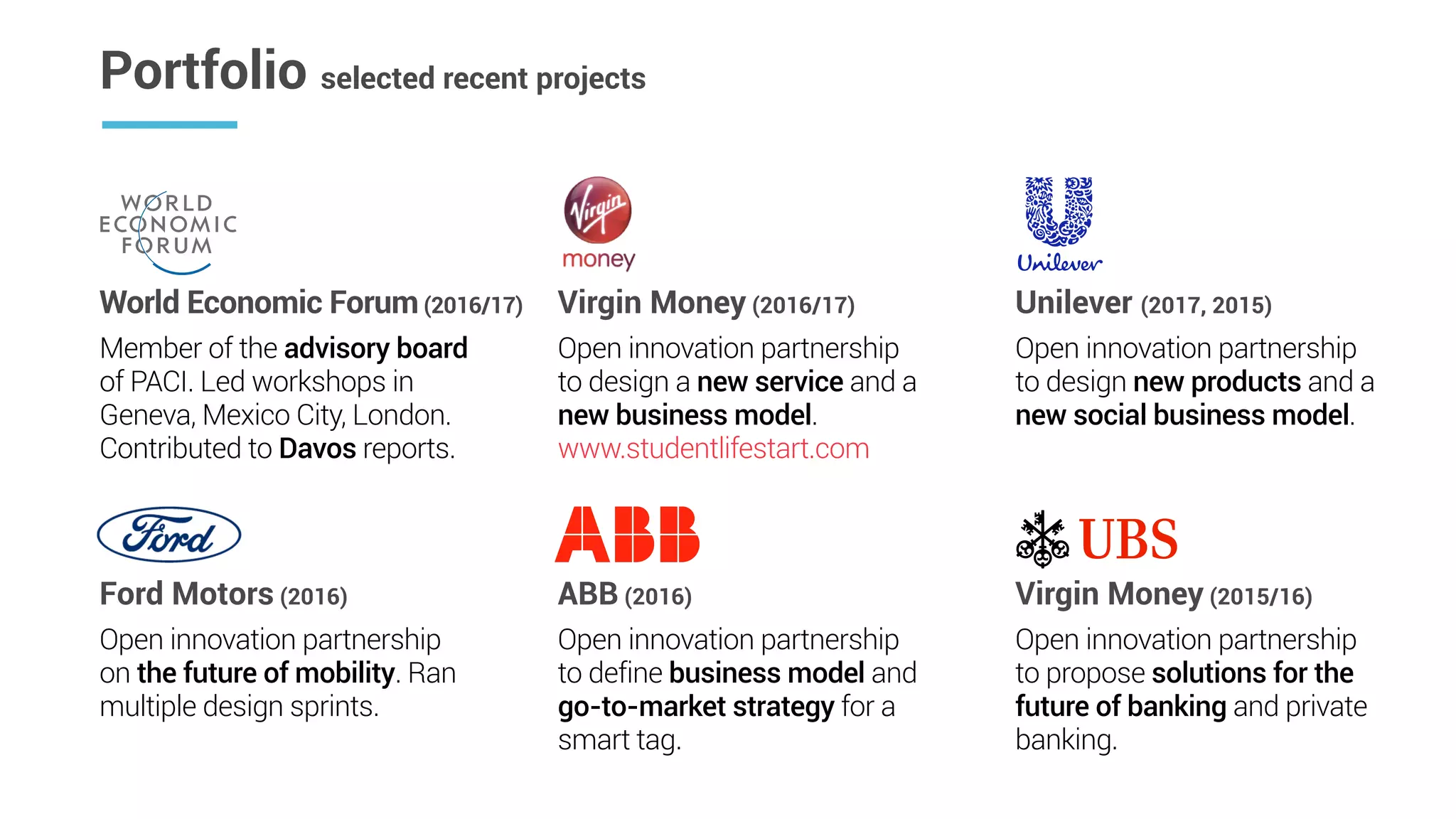 Open innovation partnership
to propose solutions for the
future of banking and private
banking.
Virgin Money (2015/16)
Portfolio selected recent projects
Open innovation partnership
on the future of mobility. Ran
multiple design sprints.
Ford Motors (2016)
Open innovation partnership
to define business model and
go-to-market strategy for a
smart tag.
ABB (2016)
Open innovation partnership
to design new products and a
new social business model.
Unilever (2017, 2015)
Member of the advisory board
of PACI. Led workshops in
Geneva, Mexico City, London.
Contributed to Davos reports.
World Economic Forum(2016/17)
Open innovation partnership
to design a new service and a
new business model.
www.studentlifestart.com
Virgin Money (2016/17)
 