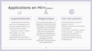 Applications en MI>>intéret :
- Organisation des dossiers :
«fais-moi un graphique de la
fonction rénale de Mme P. sur
les 02 dernières années»
- Assistance vocale :« Alexa »,
«Ok Google » ou « Siri »
- la planification et la
disponibilité des fournitures
médicales, la gestion des stocks
il est possible de déduire un
diagnostic à partir de bases
de données constituées de
symptômes, de paramètres
(comme dans le cas des
ECG pour les arythmies),
d’images de radiologie (ce
dernier étant sans surprise
le domaine le plus
développé de l’IA en
médecine), d’endoscopie et
d’histopathologie.t
IA fait apparaître le concept de
médecine ̈ des 4P :
Prédictive, Préventive, Peronnalisée
et Participative
L’arrivée des « wearables », (montre,
T-shirt, bracelets, . . .) portés par
les patients, permettent de
récolter des données de santé
pouvant être utilisées à des fins
de télémédecine.
organisationnel diagnostique Suivi des patients
10
 