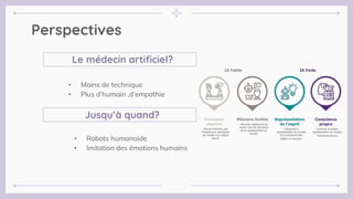 Perspectives
• Moins de technique
• Plus d’humain ,d’empathie
Jusqu’à quand?
Le médecin artificiel?
• Robots humanoïde
• Imitation des émotions humains
 