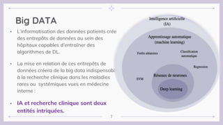 Big DATA
• L’informatisation des données patients crée
des entrepôts de données au sein des
hôpitaux capables d’entraîner des
algorithmes de DL.
• La mise en relation de ces entrepôts de
données créera de la big data indispensable
à la recherche clinique dans les maladies
rares ou systémiques vues en médecine
interne :
• IA et recherche clinique sont deux
entités intriquées.
7
 