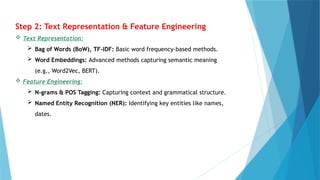 Step 2: Text Representation & Feature Engineering
 Text Representation:
 Bag of Words (BoW), TF-IDF: Basic word frequency-based methods.
 Word Embeddings: Advanced methods capturing semantic meaning
(e.g., Word2Vec, BERT).
 Feature Engineering:
 N-grams & POS Tagging: Capturing context and grammatical structure.
 Named Entity Recognition (NER): Identifying key entities like names,
dates.
 