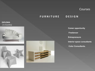 Courses
Career opportunity
Freelancer
Entrepreneurs
Interior space consultants
Color Consultants.
.
DIPLOMA
( 6 months)
F U R N I T U R E D E S I G N
 