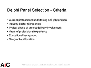 Delphi Panel Selection - Criteria
• Current professional undertaking and job function
• Industry sector represented
• Typi...