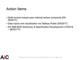 Action Items
• Draft revision based upon internal review comments (04-
05/2017)
• Data inputs and visualization via Tablea...