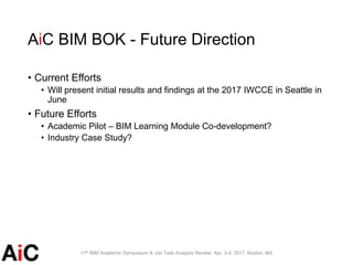 AiC BIM BOK - Future Direction
• Current Efforts
• Will present initial results and findings at the 2017 IWCCE in Seattle ...