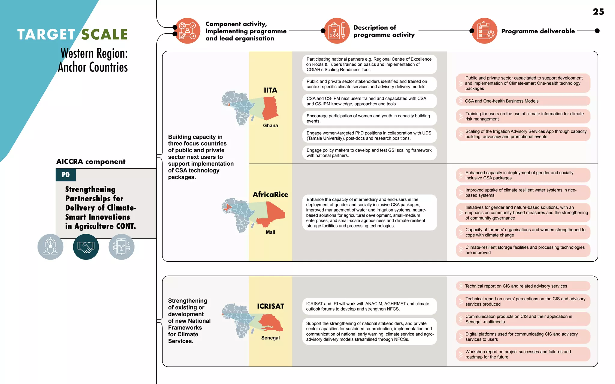 Component activity,
implementing programme
and lead organisation
Description of
programme activity
Programme deliverable
TARGET SCALE
Building capacity in
three focus countries
of public and private
sector next users to
support implementation
of CSA technology
packages.
Strengthening
of existing or
development
of new National
Frameworks
for Climate
Services.
Enhance the capacity of intermediary and end-users in the
deployment of gender and socially inclusive CSA packages,
improved management of water and irrigation systems, nature-
based solutions for agricultural development, small-medium
enterprises, and small-scale agribusiness and climate-resilient
storage facilities and processing technologies.
Participating national partners e.g. Regional Centre of Excellence
on Roots & Tubers trained on basics and implementation of
CGIAR’s Scaling Readiness Tool.
CSA and CS-IPM next users trained and capacitated with CSA
and CS-IPM knowledge, approaches and tools.
Encourage participation of women and youth in capacity building
events.
Engage women-targeted PhD positions in collaboration with UDS
(Tamale University), post-docs and research positions.
Engage policy makers to develop and test GSI scaling framework
with national partners.
Public and private sector stakeholders identified and trained on
context-specific climate services and advisory delivery models.
ICRISAT and IRI will work with ANACIM, AGHRMET and climate
outlook forums to develop and strengthen NFCS.
Support the strengthening of national stakeholders, and private
sector capacities for sustained co-production, implementation and
communication of national early warning, climate service and agro-
advisory delivery models streamlined through NFCSs.
Strengthening
Partnerships for
Delivery of Climate-
Smart Innovations
in Agriculture CONT.
AICCRA component
PD
Public and private sector capacitated to support development
and implementation of Climate-smart One-health technology
packages
CSA and One-health Business Models
Training for users on the use of climate information for climate
risk management
Scaling of the Irrigation Advisory Services App through capacity
building, advocacy and promotional events
Technical report on CIS and related advisory services
Technical report on users’ perceptions on the CIS and advisory
services produced
Communication products on CIS and their application in
Senegal -multimedia
Digital platforms used for communicating CIS and advisory
services to users
Workshop report on project successes and failures and
roadmap for the future
Enhanced capacity in deployment of gender and socially
inclusive CSA packages
Improved uptake of climate resilient water systems in rice-
based systems
Initiatives for gender and nature-based solutions, with an
emphasis on community-based measures and the strengthening
of community governance
Capacity of farmers’ organisations and women strengthened to
cope with climate change
Climate-resilient storage facilities and processing technologies
are improved
Western Region:
Anchor Countries
Senegal
ICRISAT
IITA
Ghana
AfricaRice
Mali
25
 