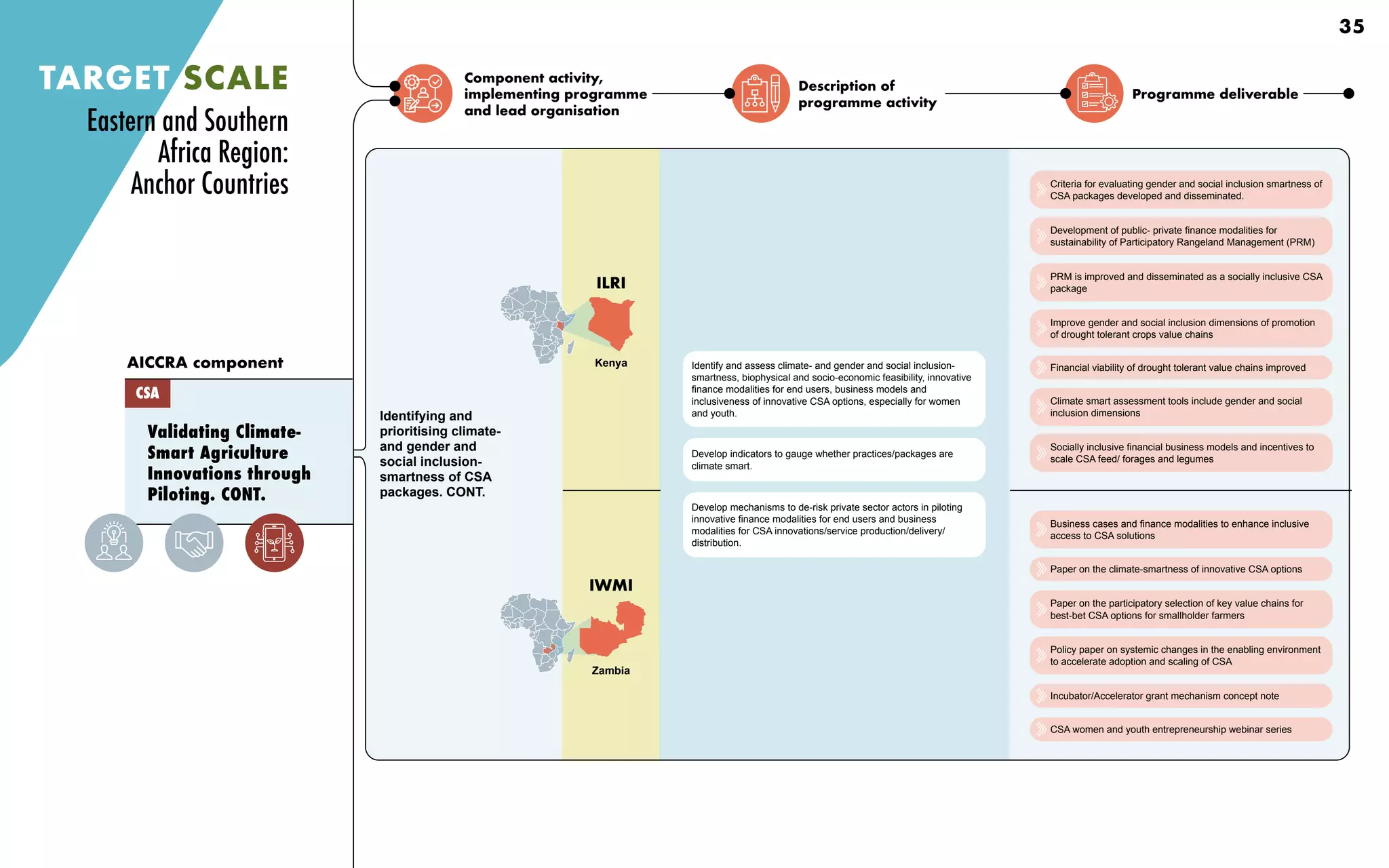 Component activity,
implementing programme
and lead organisation
Description of
programme activity
Programme deliverable
Identifying and
prioritising climate-
and gender and
social inclusion-
smartness of CSA
packages. CONT.
Develop indicators to gauge whether practices/packages are
climate smart.
Develop mechanisms to de-risk private sector actors in piloting
innovative finance modalities for end users and business
modalities for CSA innovations/service production/delivery/
distribution.
Identify and assess climate- and gender and social inclusion-
smartness, biophysical and socio-economic feasibility, innovative
finance modalities for end users, business models and
inclusiveness of innovative CSA options, especially for women
and youth.
Criteria for evaluating gender and social inclusion smartness of
CSA packages developed and disseminated.
Development of public- private finance modalities for
sustainability of Participatory Rangeland Management (PRM)
PRM is improved and disseminated as a socially inclusive CSA
package
Improve gender and social inclusion dimensions of promotion
of drought tolerant crops value chains
Financial viability of drought tolerant value chains improved
Climate smart assessment tools include gender and social
inclusion dimensions
Socially inclusive financial business models and incentives to
scale CSA feed/ forages and legumes
Business cases and finance modalities to enhance inclusive
access to CSA solutions
Paper on the climate-smartness of innovative CSA options
Paper on the participatory selection of key value chains for
best-bet CSA options for smallholder farmers
Policy paper on systemic changes in the enabling environment
to accelerate adoption and scaling of CSA
Incubator/Accelerator grant mechanism concept note
CSA women and youth entrepreneurship webinar series
TARGET SCALE
Validating Climate-
Smart Agriculture
Innovations through
Piloting. CONT.
AICCRA component
CSA
Eastern and Southern
Africa Region:
Anchor Countries
ILRI
Kenya
IWMI
Zambia
35
 