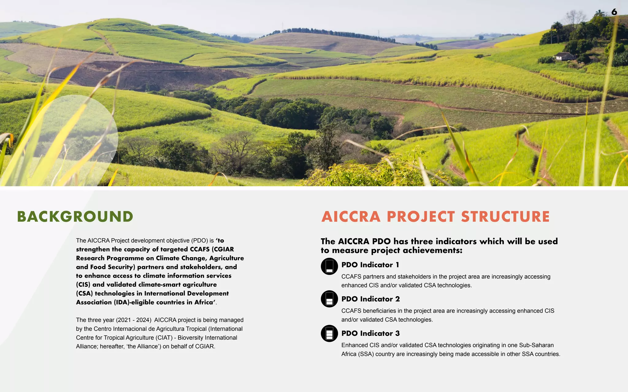 6
BACKGROUND AICCRA PROJECT STRUCTURE
The AICCRA Project development objective (PDO) is ‘to
strengthen the capacity of targeted CCAFS (CGIAR
Research Programme on Climate Change, Agriculture
and Food Security) partners and stakeholders, and
to enhance access to climate information services
(CIS) and validated climate-smart agriculture
(CSA) technologies in International Development
Association (IDA)-eligible countries in Africa’.
The three year (2021 - 2024) AICCRA project is being managed
by the Centro Internacional de Agricultura Tropical (International
Centre for Tropical Agriculture (CIAT) - Bioversity International
Alliance; hereafter, ‘the Alliance’) on behalf of CGIAR.
The AICCRA PDO has three indicators which will be used
to measure project achievements:
PDO Indicator 1
CCAFS partners and stakeholders in the project area are increasingly accessing
enhanced CIS and/or validated CSA technologies.
PDO Indicator 2
CCAFS beneficiaries in the project area are increasingly accessing enhanced CIS
and/or validated CSA technologies.
PDO Indicator 3
Enhanced CIS and/or validated CSA technologies originating in one Sub-Saharan
Africa (SSA) country are increasingly being made accessible in other SSA countries.
 