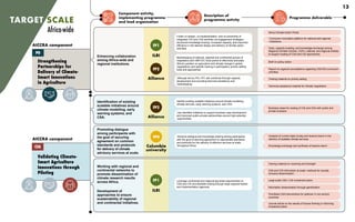 13
Component activity,
implementing programme
and lead organisation
Description of
programme activity
Programme deliverable
Validating Climate-
Smart Agriculture
Innovations through
Piloting
AICCRA component
CSA
TARGET SCALE
Africa-wide
Enhancing collaboration
among Africa-wide and
regional institutions.
Foster co-design, co-implementation, and co-ownership of
integrated CIS and CSA activities via engagement strategies,
structured knowledge sharing, increased capacity, and improved
efficiency in the tailored design and delivery of climate action
activities.
Backstopping of national, regional and continental groups of
negotiators and UNFCCC focal points to effectively articulate
Africa’s position on agriculture and climate change in global
negotiations and specific training in participatory priority setting
tools and approaches.
Although led by FP2, FP1 will contribute through capacity
development and providing technical assistance and
backstopping.
Africa Climate Action Portal
Curriculum innovation platform for national and regional
institutions
Brief on policy action
Report on regional consultations regarding CIS/CSA curriculum
priorities
Training material on priority setting
Technical assistance material for climate negotiators
Tools, capacity building, and knowledge exchange among
Regional Climate Centres, COFs, national, and regional entities
to support scaling of CSA and CIS approaches
Strengthening
Partnerships for
Delivery of Climate-
Smart Innovations
in Agriculture
AICCRA component
PD
Identification of existing
scalable initiatives around
climate modelling, early
warning systems, and
CSA.
Promoting dialogue
among participants with
the goal of securing
agreement on common
standards and protocols
for delivery of climate
advisory services at scale.
Working with regional and
continental networks to
promote dissemination of
climate research results
across Africa.
Development of
approaches to ensure
sustainability of regional
and continental initiatives.
Identify existing scalable initiatives around climate modelling,
climate services, early warning systems, and CSA.
Use identified initiatives to support business case development
and improved public-private partnerships around high potential
opportunities.
Advance dialogue and knowledge sharing among participants
with the goal of securing agreement on appropriate standards
and protocols for the delivery of effective services at scale,
throughout Africa.
Leverage continental and regional big-ticket opportunities on
CSA and CIS and facilitate scaling through large regional bodies
and implementation agencies.
Business cases for scaling of CIS and CSA with public and
private investors
Training material on visioning and foresight
CSA and CIS information at scale: methods for socially
inclusive dissemination
Journal article on the results of futures thinking in informing
investment plans
Large-scale CSA / CIS investment plans
Information dissemination through gamification
Prioritised CSA interventions for spillover in non-anchor
countries
ILRI
ILRI
FP1
FP1
Alliance
Alliance
FP2
FP2
Columbia
university
FP4 Analysis of current state of play and lessons learnt in the
delivery of scalable climate services
Knowledge exchange and synthesis of lessons learnt
 
