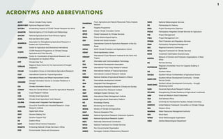 1
ACRONYMS AND ABBREVIATIONS
ACPC African Climate Policy Centre
AGRHYMET Agrhymet Regional Centre
AICCRA Accelerating Impacts of CGIAR Climate Research for Africa
ANACIM National Agency of Civil Aviation and Meteorology
ANCAR National Agricultural and Rural Advisory Agency
ASAL Arid and Semi-Arid Lands
ASARECA
Association for Strengthening Agricultural Research in
Eastern and Central Africa
CABI Centre for Agriculture and Bioscience International
CCAFS
CGIAR Research Programme on Climate Change,
Agriculture and Food Security
CCARDESA
Centre for Coordination of Agricultural Research and
Development for Southern Africa
CDT Climate Data Tool
CERAAS
Regional Study Centre for the Improvement of Drought
Adaptation
CGIAR Consultative Group on International Agricultural Research
CIAT International Centre for Tropical Agriculture
CIMMYT International Maize and Wheat Improvement Centre
CINSERE
Climate Information Service to Increase Resilience in
Senegal
CIS Climate Information Service
CORAF West and Central African Council for Agricultural Research
CRI Crops Research Institute
CSA Climate Smart Agriculture
CSAYN Climate Smart Agriculture Youth Network
CS-IPM Climate-smart Integrated Pest Management
CSIR-CRI
Council for Scientific and Industrial Research- Crops
Research Institute
DEA Digital Earth Africa
DMT Decision Making Tool
DST Decision Support Tool
EA Eastern Africa
EAFF Eastern Africa Farmers Federation
ENACTS Enhancing National Climate Services in Africa
ESG Environmental, Social and Governance
FANRPAN
Food, Agriculture and Natural Resources Policy Analysis
Network
FP Flagship Programme
GCIC Ghana Climate Innovation Centre
GFCS Global Framework for Climate Services
GMA Ghana Meteorological Agency
GSI Gender and Social Inclusion
ICARDA
International Centre for Agriculture Research in the Dry
Areas
ICPAC IGAD Climate Prediction and Applications Centre
ICRAF World Agroforestry Centre
ICRISAT
International Crops Research Institute for the Semi-Arid
Tropics
ICT Information and Communications Technology
IDA International Development Association
IFPRI International Food Policy Research Institute
IITA International Institute of Tropical Agriculture
ILRI International Livestock Research Institute
INRAB National Institute of Agricultural Research of Benin
IPI Intermediate development indicator
IPM Integrated Pest Management
IRI International Research Institute for Climate and Society
IRRI International Rice Research Institute
iSAT Intelligent System Advisory Tool
IWMI International Water Management Institute
KAOP Kenya Agricultural Observatory Platform
KS Knowledge Sharing
M&E Monitoring and Evaluation
MOFA Ministry of Climate and Agriculture
NAP National Adaptation Plan
NARES National Agricultural Research Extensions Systems
NARS National Agricultural Research System
NDC Nationally Determined Contribution
NFCS National Framework for Climate Services
NGO Non-Governmental Organisation
NIBIO Norwegian Institute of Bioeconomy Research
NMS National Meteorological Services
PD Partnerships for Delivery
PDO Project Development Objective
PICSA Participatory Integrated Climate Services for Agriculture
PM Project Management
PMU Project Management Unit
PPRSD Plant Protection and Regulatory Services
PRM Participatory Rangeland Management
REC Regional Economic Community
RFCS Regional Framework for Climate Services
RIOS Investment Optimisation Scenario tools
ROPPA
Network of Farmers and Producers Organisations in West
Africa
RS Remote Sensing
RUFORUM
Regional Universities Forum for Capacity Building in
Agriculture
SA Southern Africa
SACAU Southern African Confederation of Agricultural Unions
SADC-CSC
Southern African Development Community - Climate
Service Centre
SADC-DMC
Southern African Development Community – Drought
Monitoring Centre
SARI Savannah Agricultural Research Institute
SCLARA Strengthening Climate Resilience of Agricultural Livelihoods
SME Small and Medium Sized Enterprises
SSA Sub-Saharan Africa
UDS University for Development Studies (Tamale University)
UNFCCC United Nations Framework Convention on Climate Change
WA Western Africa
WARMA Water Resources Management Authority
WB World Bank
WMO World Meteorological Organisation
ZMD Zambia Meteorological Department
 