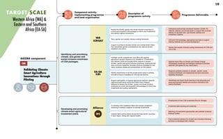 Component activity,
implementing programme
and lead organisation
Description of
programme activity
Programme deliverable
Validating Climate-
Smart Agriculture
Innovations through
Piloting
AICCRA component
CSA
TARGET SCALE
Identifying and prioritising
climate- and gender and
social inclusion-smartness
of CSA packages.
Developing and promoting
climate-smart agricultural
investment plans.
Assess the climate, gender and social inclusion smartness of
current and proposed CSA packages to inform new investments
and identify scaling mechanisms.
Support countries to develop Gender and Climate Action Plans
that mainstream gender considerations into national climate
adaptation and policy.
Test a gender and socially inclusive scaling framework.
Facilitate country programmes’ joint effort with regional
agricultural research networks (e.g. ASARECA, CCARDESA)
and national, public and private sector partners to assess
climate-, gender and social inclusion-smartness, biophysical and
socio-economic feasibility, innovative finance modalities for end
users, business models and inclusiveness of CSA options.
Identify mechanisms to de-risk private sector actors in piloting
innovative finance modalities for CSA service delivery.
Support participation of regional agricultural research networks,
regional private sector actors and FANR Policy Analysis
Networks to assess the climate-, gender and social inclusion-
smartness of current and proposed CSA packages to inform new
investments and scaling mechanisms.
Co-develop CSA Investment Plans and conduct investment
screening to identify a pipeline of potential investments.
Lessons learnt will be shared across the three anchor countries
in each region, linking with regional bodies.
Institutional partnerships developed between CGIAR, IRI,
national, regional, and private sector to support WA countries
delivery on ag-data hubs, user-friendly interface and
e-extension systems
CSA and CIS knowledge, approaches and tools to support
training materials and curricula development
Gender and socially inclusive scaling mechanisms for CSA and
CIS in WA
National Action Plan on Gender and Climate Change
Participatory workshops and dialogue meetings to prioritise
best-bet CSA options for key value chains
Regional synthesis products on climate-, gender- social
inclusion-smartness, and biophysical and socio-economic
feasibility developed
Workshops and South-South learning on bio-physically and
socio-economically feasible and inclusive innovative CSA
options facilitated
Development of new CSA Investment Plan for Senegal
Investment deal sourcing and screening
Matching of investments opportunities with potential investors/
financial models
Post-investment advisory for at least one innovative financing
solutions co-developed with investors
WA
ICRISAT
EA-SA
ILRI
Alliance
Western Africa (WA) &
Eastern and Southern
Africa (EA-SA)
19
FP2
 