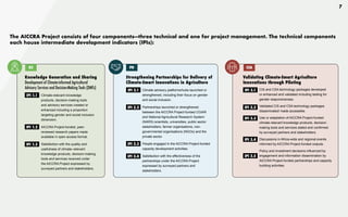 7
The AICCRA Project consists of four components—three technical and one for project management. The technical components
each house intermediate development indicators (IPIs):
Knowledge Generation and Sharing
Development of Climate-informed Agricultural
Advisory Services and Decision-Making Tools (DMTs)
Climate-relevant knowledge
products, decision-making tools
and advisory services created or
enhanced including a proportion
targeting gender and social inclusion
dimension.
AICCRA Project-funded, peer-
reviewed research papers made
available in open access format.
Satisfaction with the quality and
usefulness of climate–relevant
knowledge products, decision-making
tools and services received under
the AICCRA Project expressed by
surveyed partners and stakeholders.
KS
Strengthening Partnerships for Delivery of
Climate-Smart Innovations in Agriculture
Climate advisory platforms/hubs launched or
strengthened, including their focus on gender
and social inclusion.
Partnerships launched or strengthened
between the AICCRA Project-funded CGIAR
and National Agricultural Research System
(NARS) scientists, universities, public sector
stakeholders, farmer organisations, non-
governmental organisations (NGOs) and the
private sector.
People engaged in the AICCRA Project-funded
capacity development activities.
Satisfaction with the effectiveness of the
partnerships under the AICCRA Project
expressed by surveyed partners and
stakeholders.
PD
Validating Climate-Smart Agriculture
Innovations through Piloting
CIS and CSA technology packages developed
or enhanced and validated including testing for
gender responsiveness.
Validated CIS and CSA technology packages
disseminated/ made accessible.
Use or adaptation of AICCRA Project-funded
climate-relevant knowledge products, decision-
making tools and services stated and confirmed
by surveyed partners and stakeholders.
Discussions in Africa-wide and regional events
informed by AICCRA Project-funded outputs.
Policy and investment decisions influenced by
engagement and information dissemination by
AICCRA Project-funded partnerships and capacity
building activities.
CSA
IPI 1.1
IPI 2.1 IPI 3.1
IPI 1.2
IPI 2.2 IPI 3.2
IPI 1.3 IPI 2.3
IPI 3.3
IPI 2.4 IPI 3.5
IPI 3.4
 