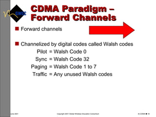 CDMA Paradigm – Forward Channels Forward channels Channelized by digital codes called Walsh codes Pilot  = Walsh Code 0 Sync  = Walsh Code 32 Paging  = Walsh Code 1 to 7 Traffic  = Any unused Walsh codes 