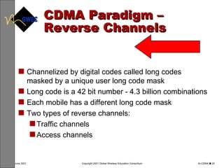 CDMA Paradigm – Reverse Channels Channelized by digital codes called long codes  masked by a unique user long code mask Long code is a 42 bit number - 4.3 billion combinations Each mobile has a different long code mask Two types of reverse channels: Traffic channels Access channels 