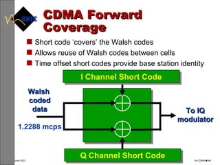 CDMA Forward Coverage Short code ‘covers’ the Walsh codes Allows reuse of Walsh codes between cells Time offset short codes provide base station identity I Channel Short Code Walsh  coded data 1.2288 mcps To IQ modulator Q Channel Short Code 