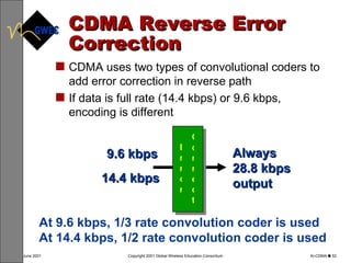 CDMA Reverse Error Correction CDMA uses two types of convolutional coders to add error correction in reverse path  If data is full rate (14.4 kbps) or 9.6 kbps,  encoding is different Correct Error Always 28.8 kbps output 14.4 kbps 9.6 kbps At 9.6 kbps, 1/3 rate convolution coder is used At 14.4 kbps, 1/2 rate convolution coder is used 