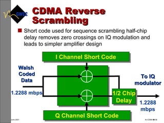 CDMA Reverse Scrambling Short code used for sequence scrambling half-chip delay removes zero crossings on IQ modulation and leads to simpler amplifier design I Channel Short Code Walsh  Coded Data 1.2288 mbps To IQ modulator 1.2288 mbps Q Channel Short Code 1/2 Chip Delay 