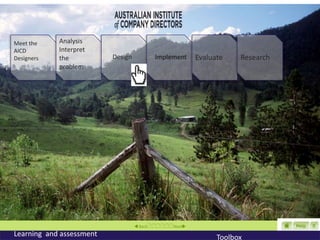 Meet the    Analysis
AICD        Interpret
Designers   the           Design         Implement     Evaluate    Research
            problem




                                    BackNext
Learning and assessment                                      Toolbox
 