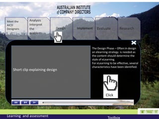 Meet the      Analysis
AICD          Interpret
Designers     the              Design   Implement   Evaluate          Research
              problem



                                                The Design Phase – Often in design
                                                an elearning strategy is needed as
                                                the content should determine the
                                                style of eLearning.
                                                For eLearning to be effective, several
                                                characteristics have been identified.
    Short clip explaining design




                                                           Click




Learning and assessment                                     Toolbox
 