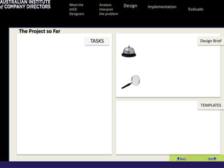 Meet the       Analysis      Design   Implementation
                     AICD           Interpret                                    Evaluate
                     Designers      the problem



The Project so Far
                                 TASKS                                                 Design Brief




                                                                                       TEMPLATES




                                                                             Back Next
 