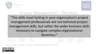 Project Management – The stats
Source: AIPM and KPMG Australian Project Management Survey 2018
“The skills most lacking in your organisation’s project
management professionals are not technical project
management skills, but rather the wider business skills
necessary to navigate complex organisational
dynamics.”
 