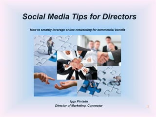 1
Social Media Tips for Directors
How to smartly leverage online networking for commercial benefit
Iggy Pintado
Director of Marketing, Connector
 
