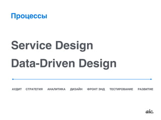 Процессы
Service Design
Data-Driven Design
АУДИТ СТРАТЕГИЯ АНАЛИТИКА ДИЗАЙН ФРОНТ ЭНД ТЕСТИРОВАНИЕ РАЗВИТИЕ
 