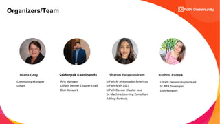 RPA Manager
UiPath Denver Chapter Lead,
Dish Network
Community Manager
UiPath
Saideepak Kandibanda
Diana Gray
Organizers/Team
UiPath AI ambassador Americas
UiPath MVP 2023
UiPath Denver chapter lead
Sr. Machine Learning Consultant
Ashling Partners
Sharon Palawandram
UiPath Denver chapter lead
Sr. RPA Developer
Dish Network
Rashmi Pareek
 