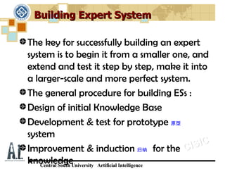 Building Expert System

The key for successfully building an expert
system is to begin it from a smaller one, and
extend and test it step by step, make it into
a larger-scale and more perfect system.
The general procedure for building ESs :
Design of initial Knowledge Base
Development & test for prototype 原型
system
Improvement & induction 归纳 for the C        IS IC
knowledgeUniversity Artificial Intelligence
    Central South
 