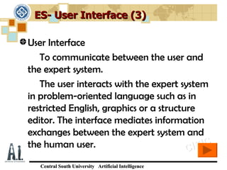 ES- User Interface (3)

User Interface
   To communicate between the user and
the expert system.
   The user interacts with the expert system
in problem-oriented language such as in
restricted English, graphics or a structure
editor. The interface mediates information
exchanges between the expert system and
the human user.                          C IS IC
   Central South University Artificial Intelligence
 