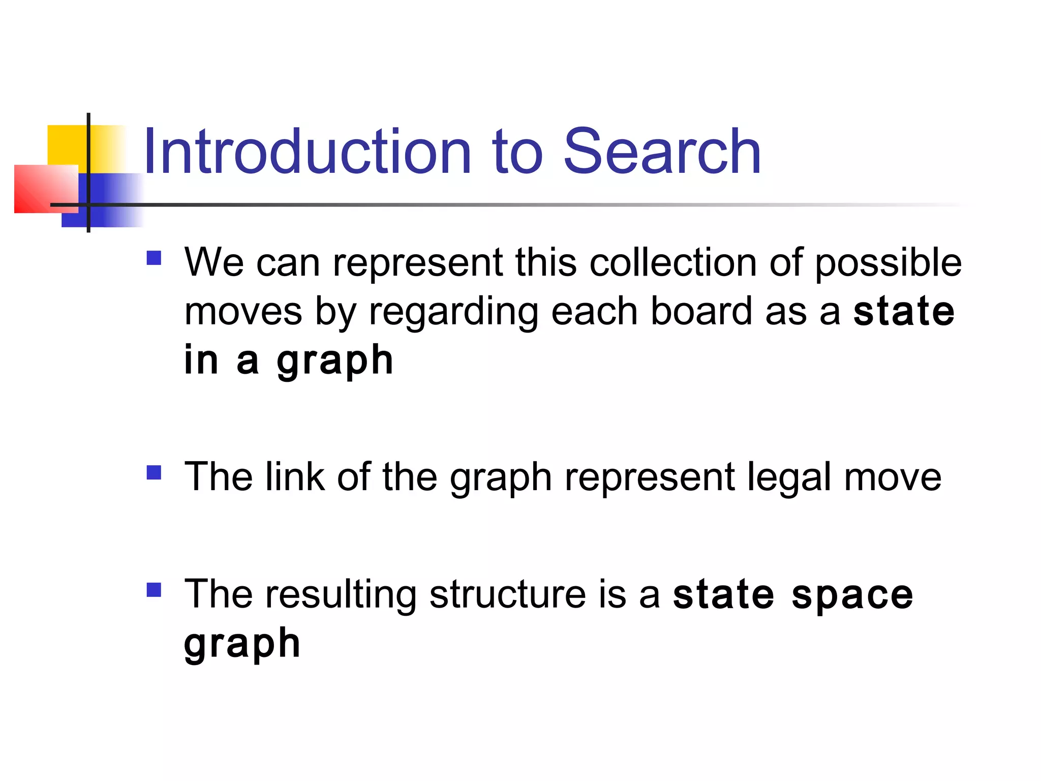 Introduction to Search






We can represent this collection of possible
moves by regarding each board as a state
in a graph
The link of the graph represent legal move
The resulting structure is a state space
graph

 