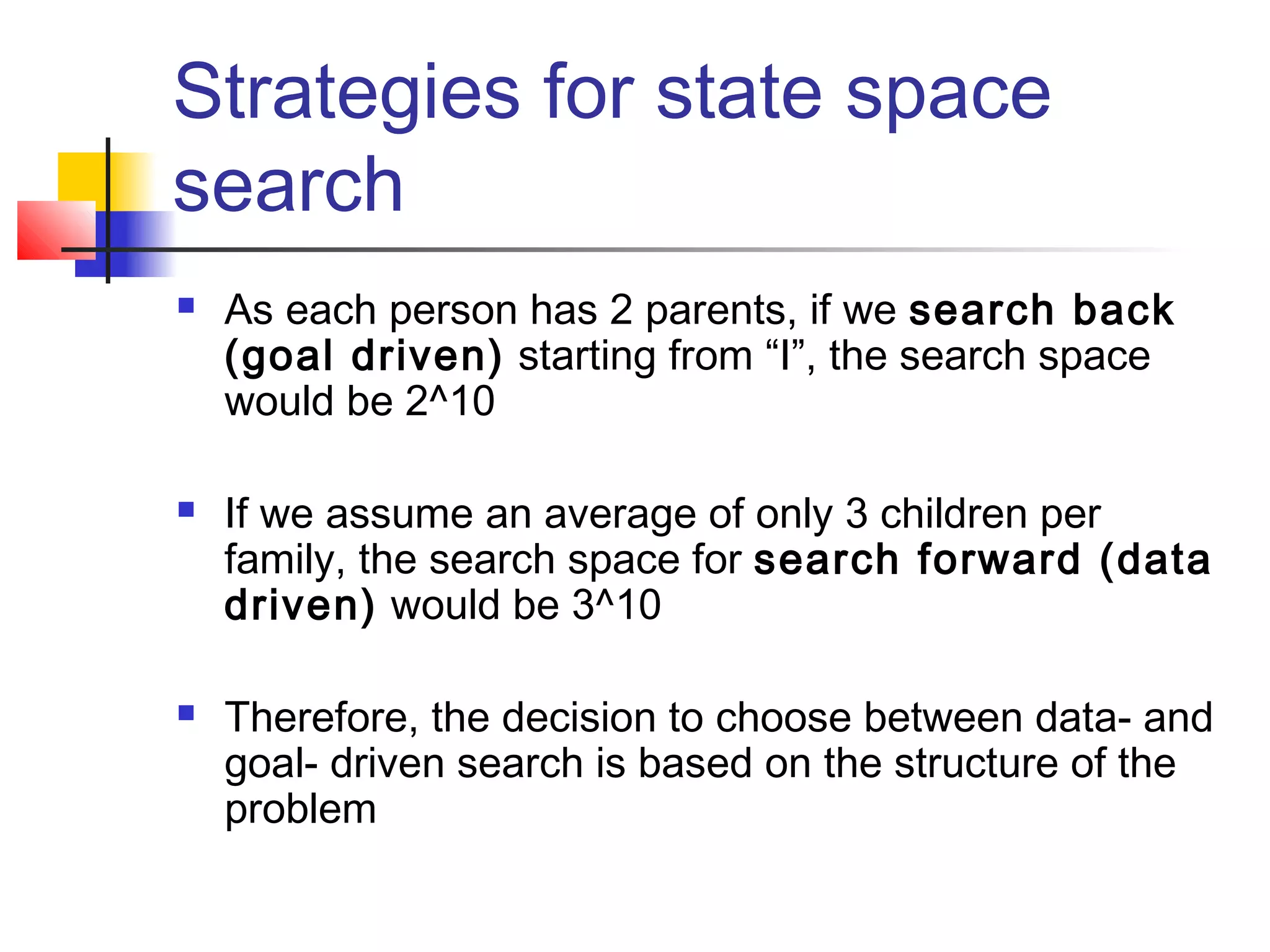 Strategies for state space
search






As each person has 2 parents, if we search back
(goal driven) starting from “I”, the search space
would be 2^10
If we assume an average of only 3 children per
family, the search space for search forward (data
driven) would be 3^10
Therefore, the decision to choose between data- and
goal- driven search is based on the structure of the
problem

 