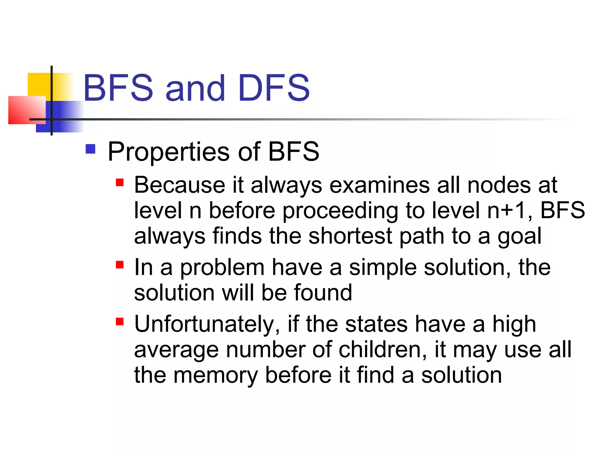 BFS and DFS


Properties of BFS






Because it always examines all nodes at
level n before proceeding to level n+1, BFS
always finds the shortest path to a goal
In a problem have a simple solution, the
solution will be found
Unfortunately, if the states have a high
average number of children, it may use all
the memory before it find a solution

 