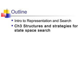 Outline



Intro to Representation and Search
Ch3 Structures and strategies for
state space search

 