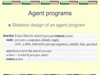 Agent programs
Skeleton design of an agent program
 