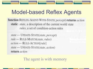 Model-based Reflex Agents
The agent is with memory
 