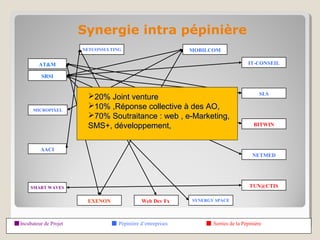Synergie intra pépinière
                        NETCONSULTING                         MOBILCOM

          AT&M                                                                        IT-CONSEIL

           SRSI


                                                                                           SLS
                         20% Joint venture
       MICROPIXEL
                         10% ,Réponse collective à des AO,
                         70% Soutraitance : web , e-Marketing,
                         SMS+, développement,                                           BITWIN



           AACI
                                                                                       NETMED




      SMART WAVES                                                                     TUN@CTIS

                         EXENON                Web Dev Fx     SYNERGY SPACE




Incubateur de Projet              Pépinière d’entreprises         Sorties de la Pépinière
 