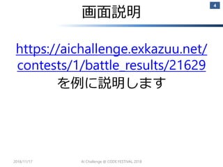 画面説明
https://aichallenge.exkazuu.net/
contests/1/battle_results/21629
を例に説明します
2018/11/17 AI Challenge @ CODE FESTIVAL 2018
4
 