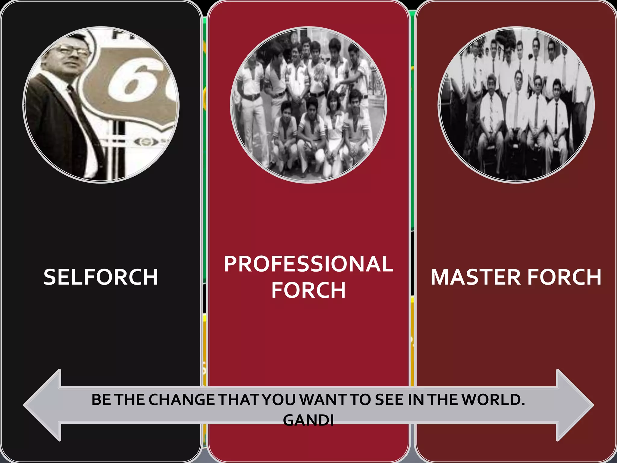 SELFORCH 
PROFESSIONAL 
FORCH 
MASTER FORCH 
BE THE CHANGE THAT YOU WANT TO SEE IN THE WORLD. 
GANDI 
 