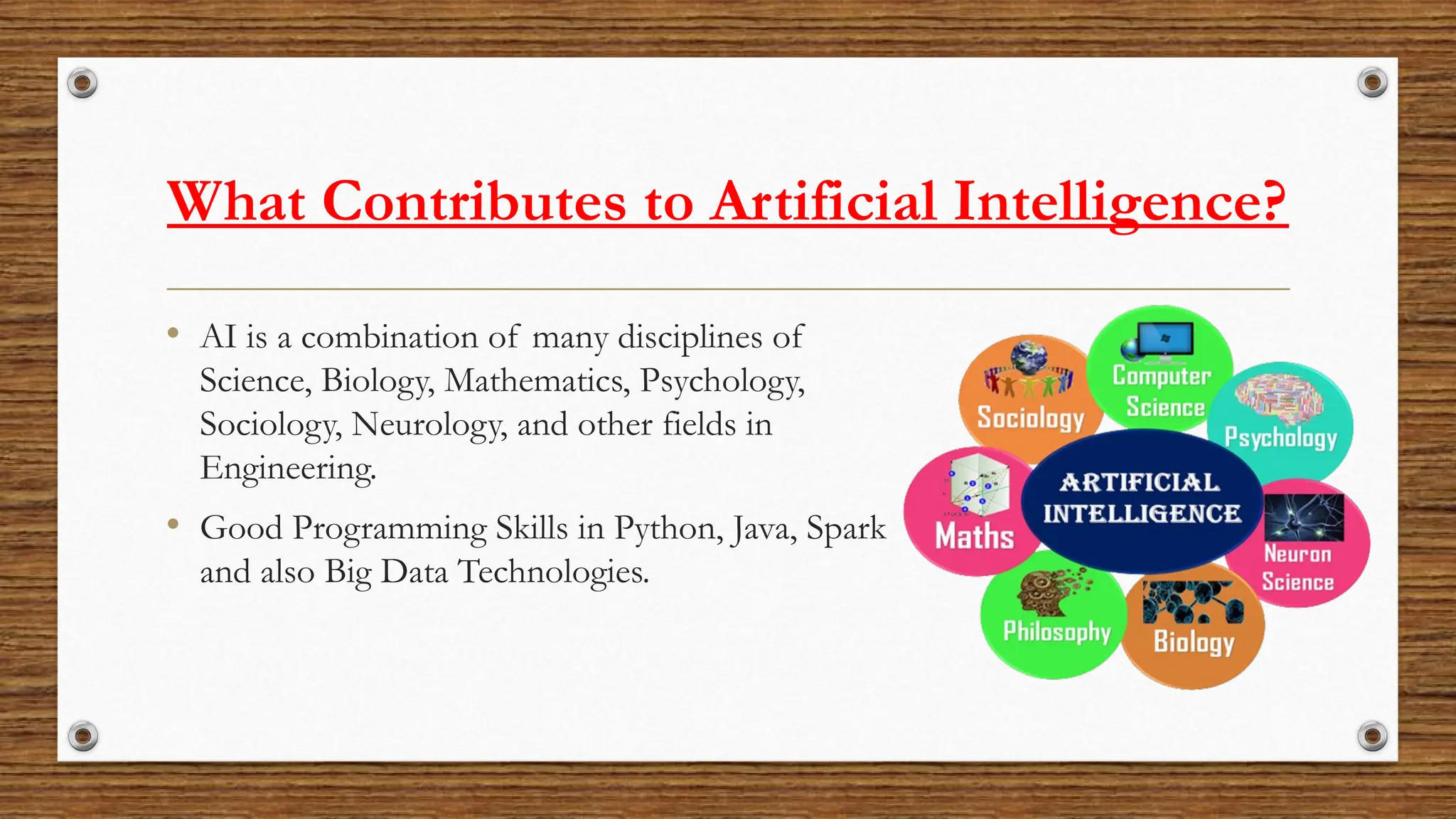 What Contributes to Artificial Intelligence?
• AI is a combination of many disciplines of
Science, Biology, Mathematics, Psychology,
Sociology, Neurology, and other fields in
Engineering.
• Good Programming Skills in Python, Java, Spark
and also Big Data Technologies.
 