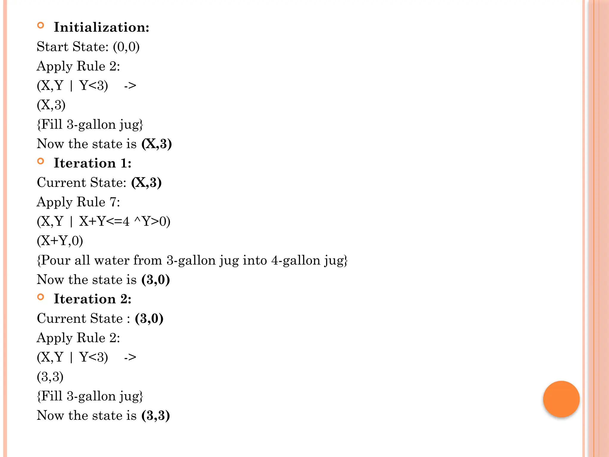  Initialization:
Start State: (0,0)
Apply Rule 2:
(X,Y | Y<3) ->
(X,3)
{Fill 3-gallon jug}
Now the state is (X,3)
 Iteration 1:
Current State: (X,3)
Apply Rule 7:
(X,Y | X+Y<=4 ^Y>0)
(X+Y,0)
{Pour all water from 3-gallon jug into 4-gallon jug}
Now the state is (3,0)
 Iteration 2:
Current State : (3,0)
Apply Rule 2:
(X,Y | Y<3) ->
(3,3)
{Fill 3-gallon jug}
Now the state is (3,3)
 