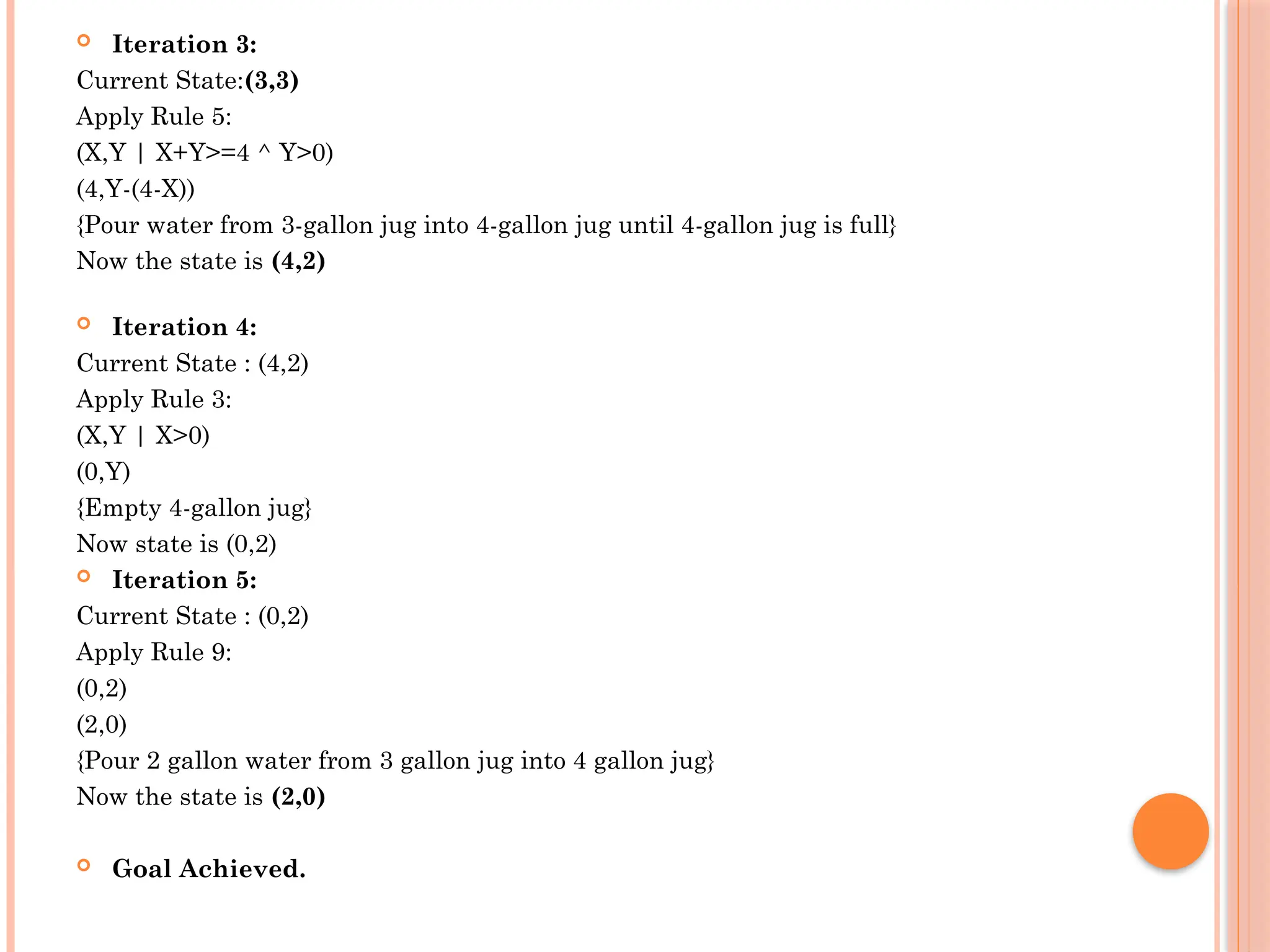  Iteration 3:
Current State:(3,3)
Apply Rule 5:
(X,Y | X+Y>=4 ^ Y>0)
(4,Y-(4-X))
{Pour water from 3-gallon jug into 4-gallon jug until 4-gallon jug is full}
Now the state is (4,2)
 Iteration 4:
Current State : (4,2)
Apply Rule 3:
(X,Y | X>0)
(0,Y)
{Empty 4-gallon jug}
Now state is (0,2)
 Iteration 5:
Current State : (0,2)
Apply Rule 9:
(0,2)
(2,0)
{Pour 2 gallon water from 3 gallon jug into 4 gallon jug}
Now the state is (2,0)
 Goal Achieved.
 
