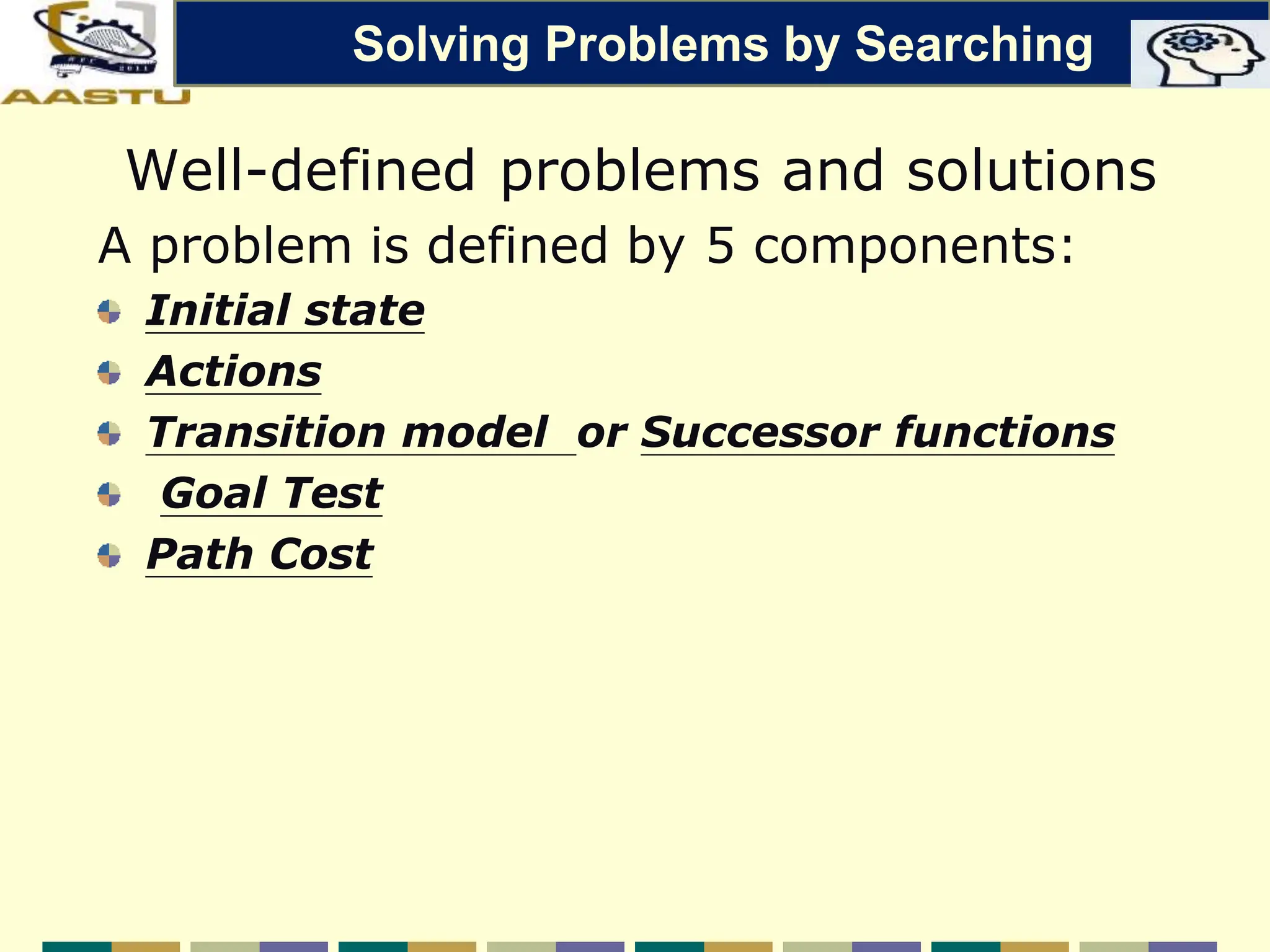 Well-defined problems and solutions
A problem is defined by 5 components:
Initial state
Actions
Transition model or Successor functions
Goal Test
Path Cost
Solving Problems by Searching
 