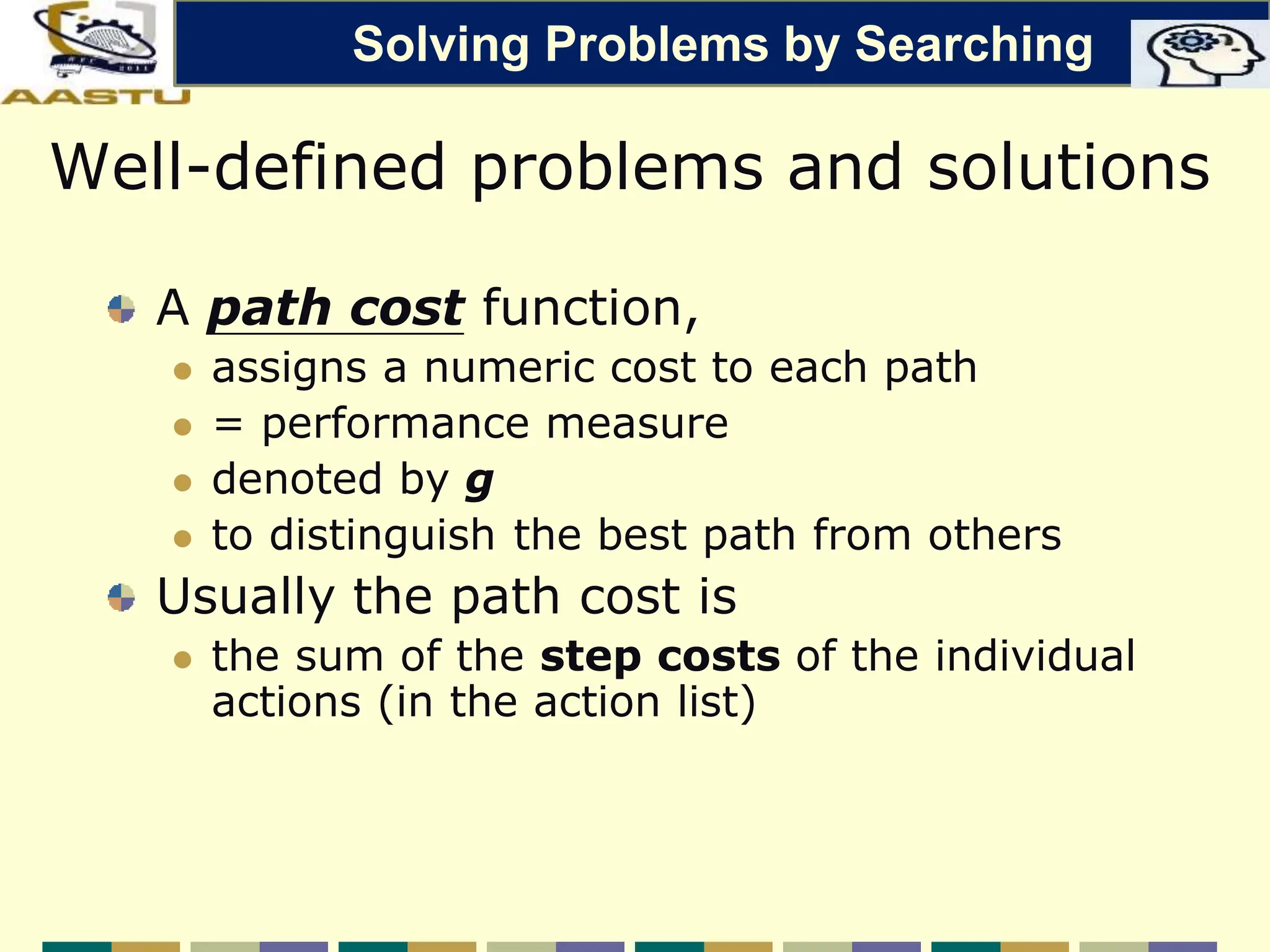 Well-defined problems and solutions
A path cost function,
 assigns a numeric cost to each path
 = performance measure
 denoted by g
 to distinguish the best path from others
Usually the path cost is
 the sum of the step costs of the individual
actions (in the action list)
Solving Problems by Searching
 