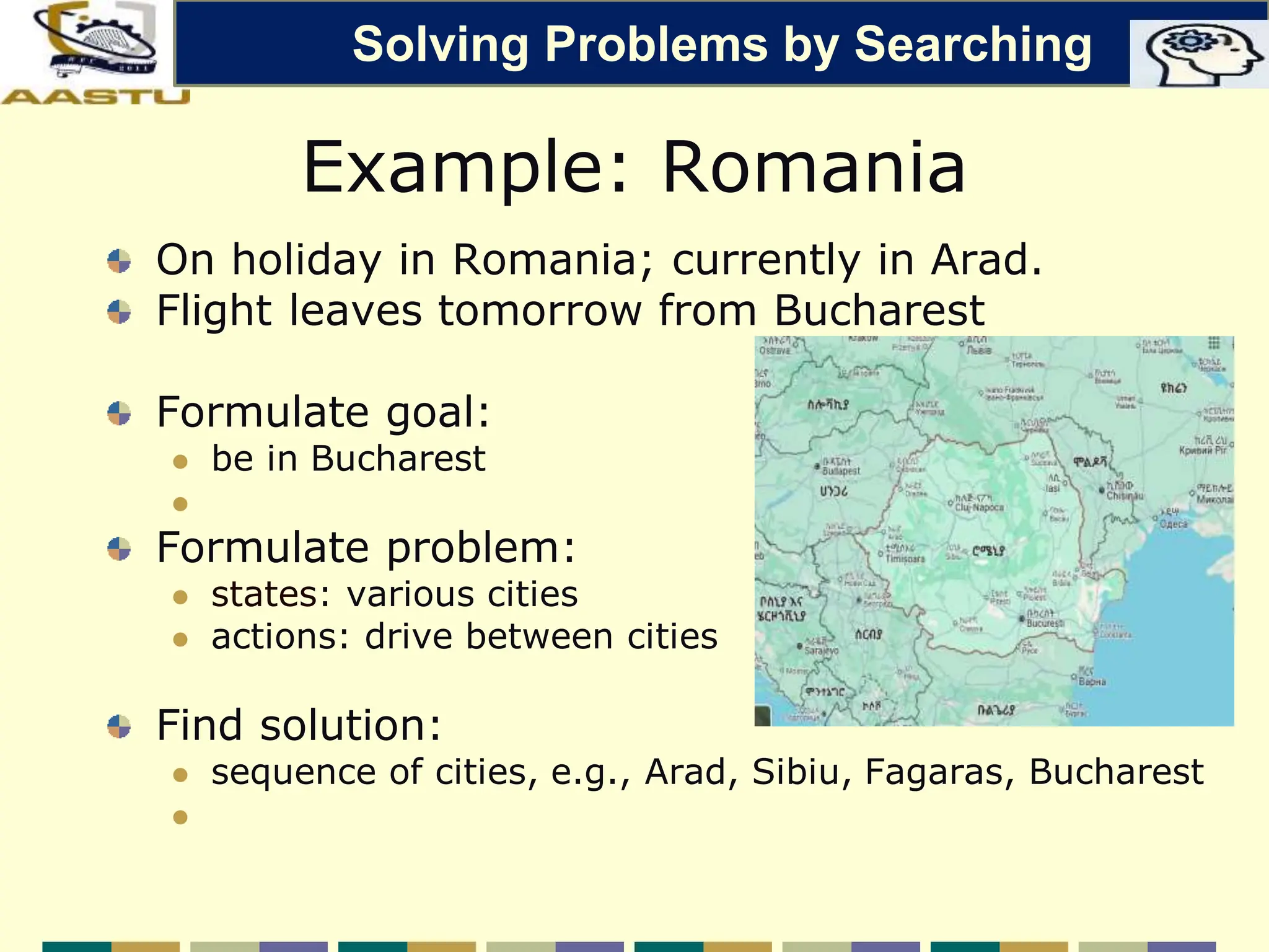 Example: Romania
On holiday in Romania; currently in Arad.
Flight leaves tomorrow from Bucharest
Formulate goal:
 be in Bucharest

Formulate problem:
 states: various cities
 actions: drive between cities
Find solution:
 sequence of cities, e.g., Arad, Sibiu, Fagaras, Bucharest

Solving Problems by Searching
 