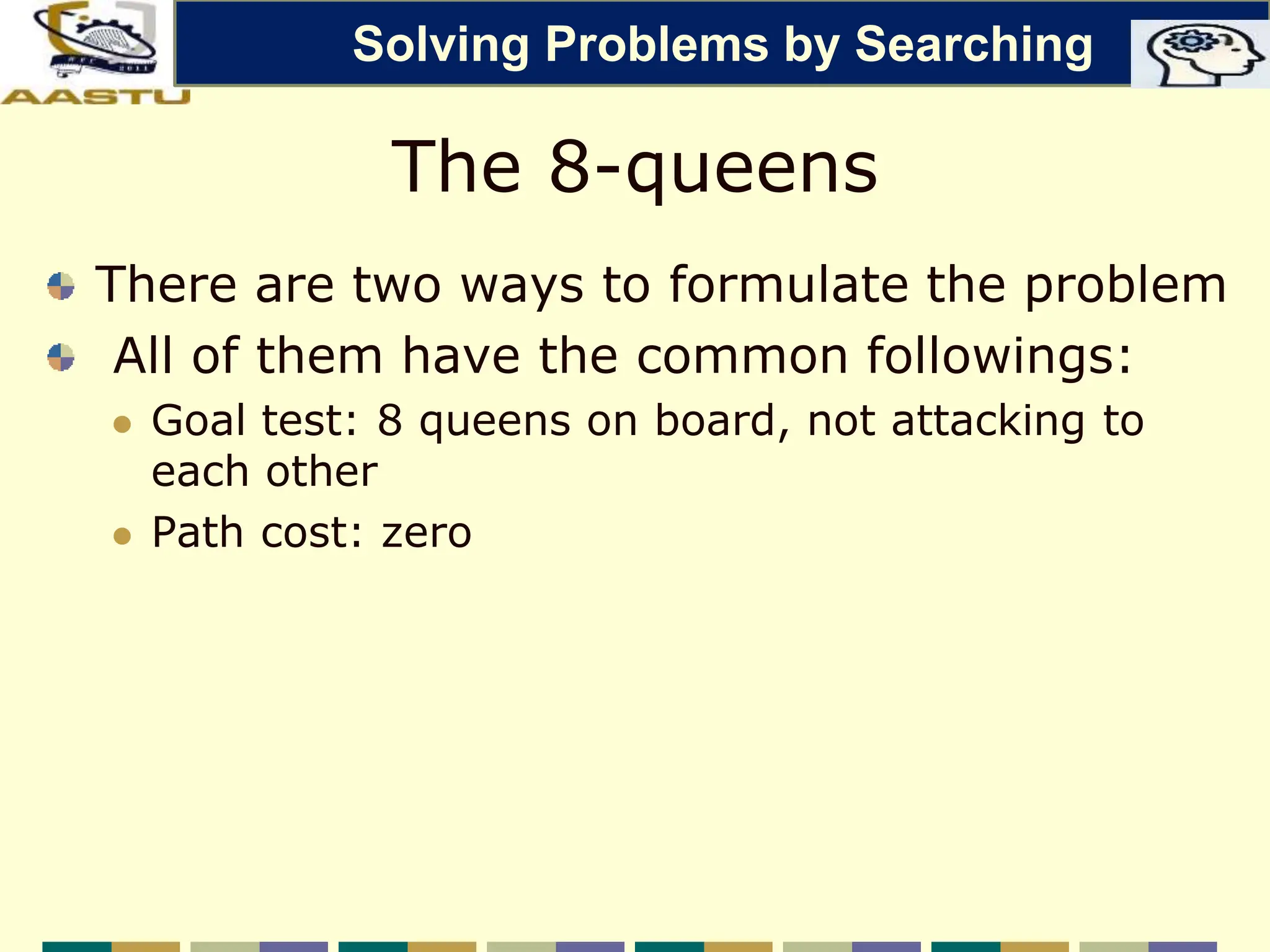 The 8-queens
There are two ways to formulate the problem
All of them have the common followings:
 Goal test: 8 queens on board, not attacking to
each other
 Path cost: zero
Solving Problems by Searching
 