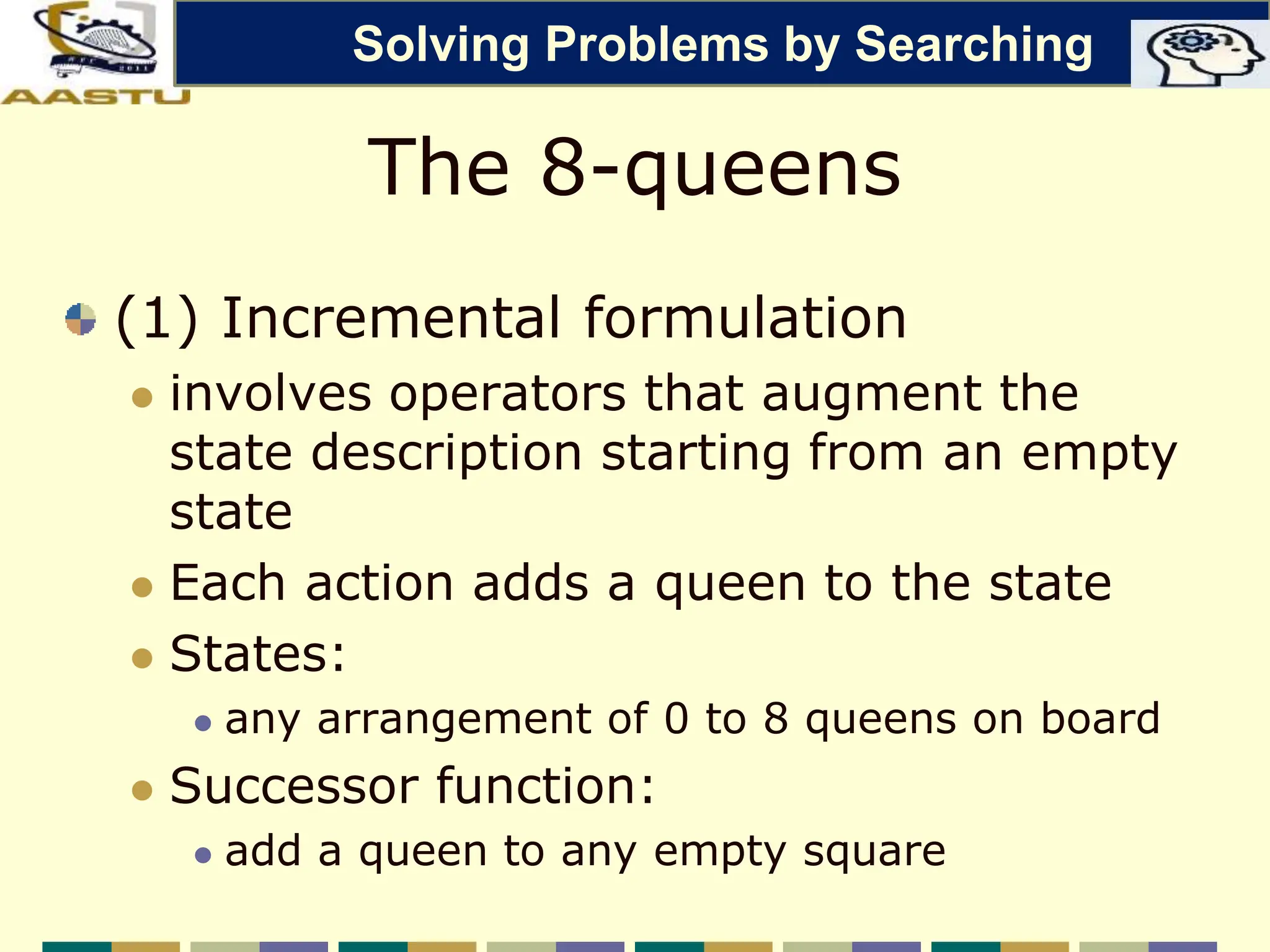 The 8-queens
(1) Incremental formulation
 involves operators that augment the
state description starting from an empty
state
 Each action adds a queen to the state
 States:
 any arrangement of 0 to 8 queens on board
 Successor function:
 add a queen to any empty square
Solving Problems by Searching
 