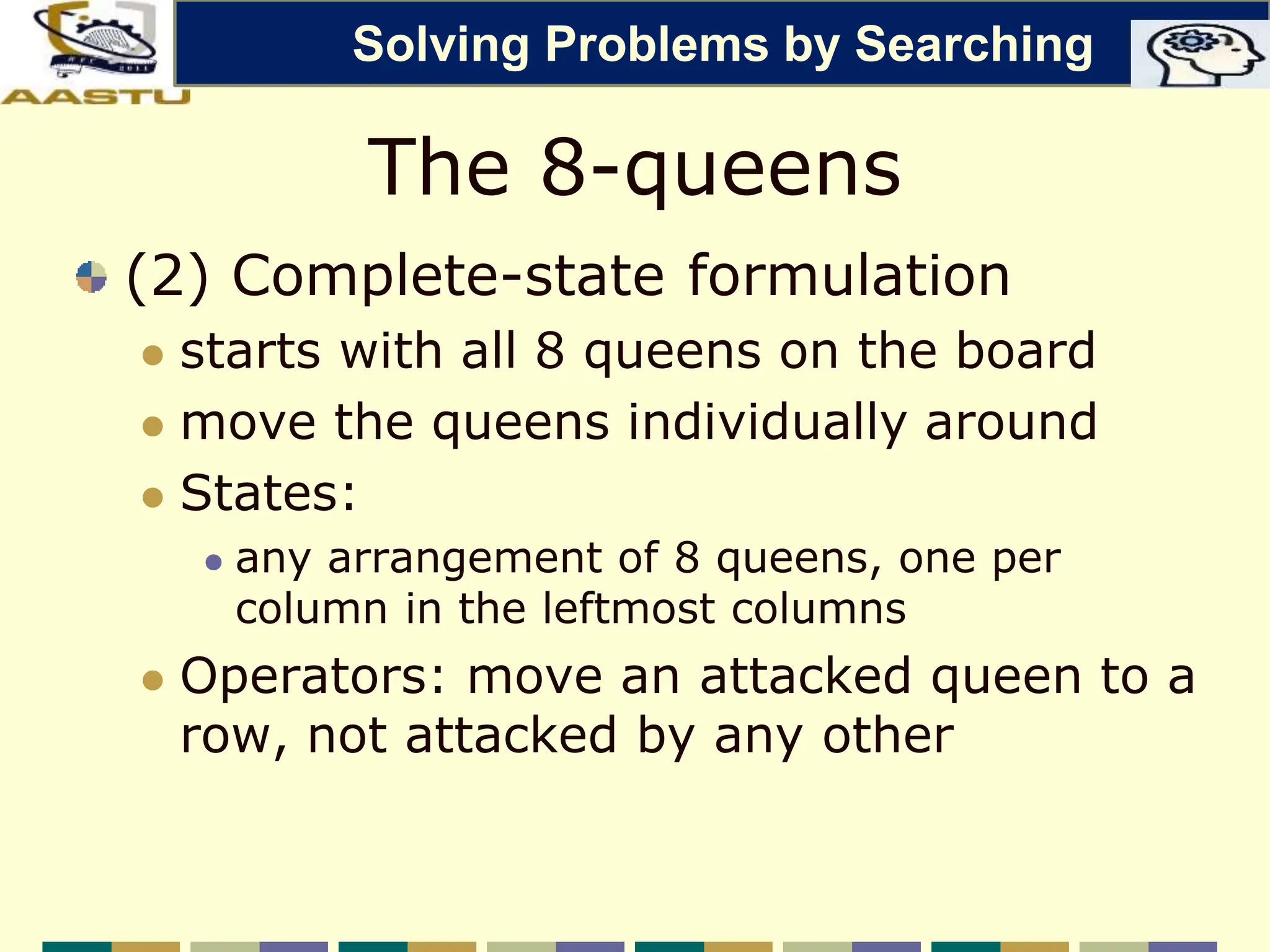 The 8-queens
(2) Complete-state formulation
 starts with all 8 queens on the board
 move the queens individually around
 States:
 any arrangement of 8 queens, one per
column in the leftmost columns
 Operators: move an attacked queen to a
row, not attacked by any other
Solving Problems by Searching
 